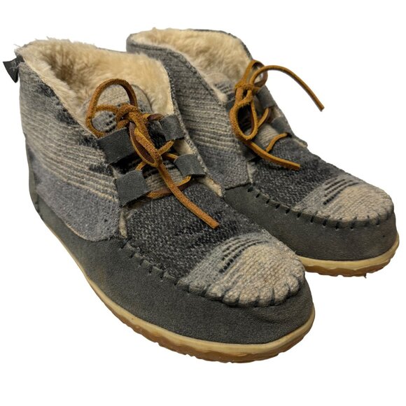 Minnetonka Torrey Lace Up Bootie Womens 8 M Leather Wool Blend Faux Fur Lining - Picture 10 of 16